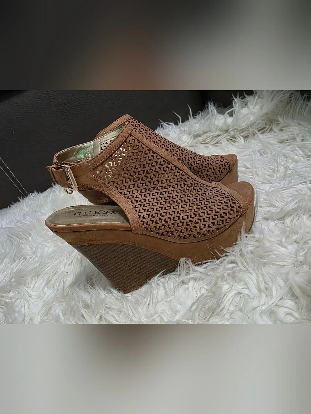 GUESS Tan Perforated Peep-Toe Wedge Sandals